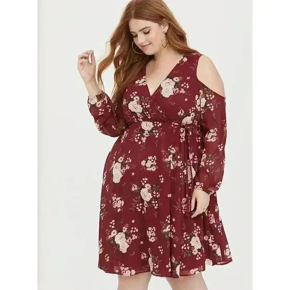 TORRID Red Floral Cold‎ Shoulder Chiffon Wrap Dress